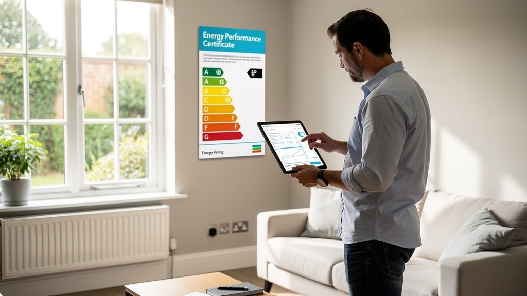 A surveyor conducting an energy performance certificate assessment in a modern British home