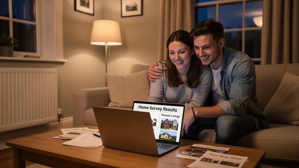 First-time buyers reviewing property survey results on a laptop