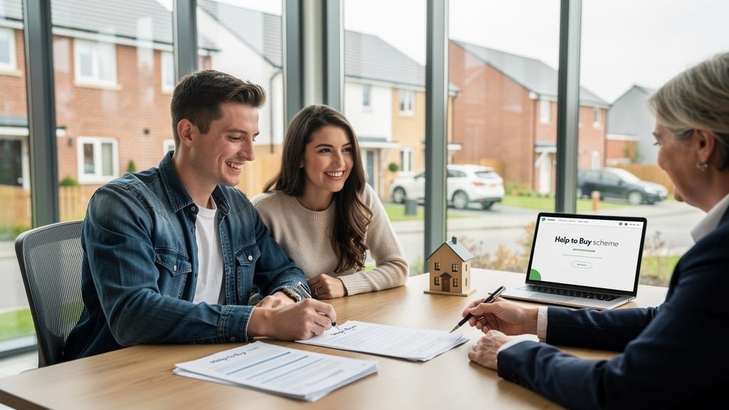 Young couple signing Help to Buy paperwork — Cannock Surveyors provides specialist Help to Buy valuations