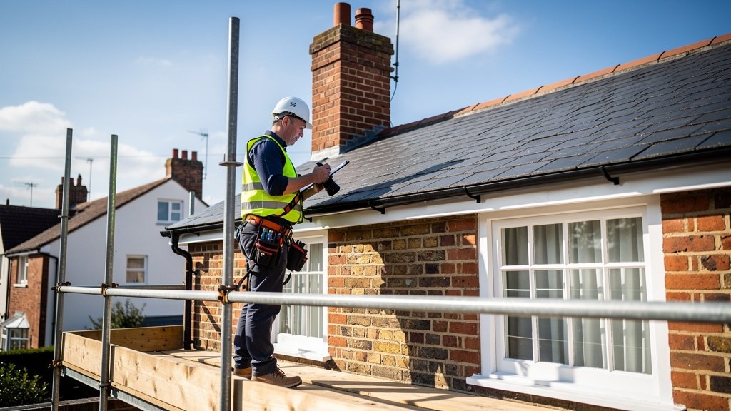 Surveyor inspecting roof tiles and chimney stack on a traditional British semi-detached house in Cannock