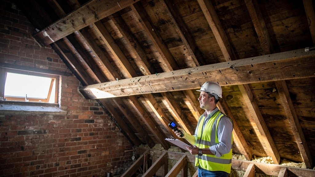 Interior of a Victorian terrace house showing exposed roof joists during a Level 3 building survey