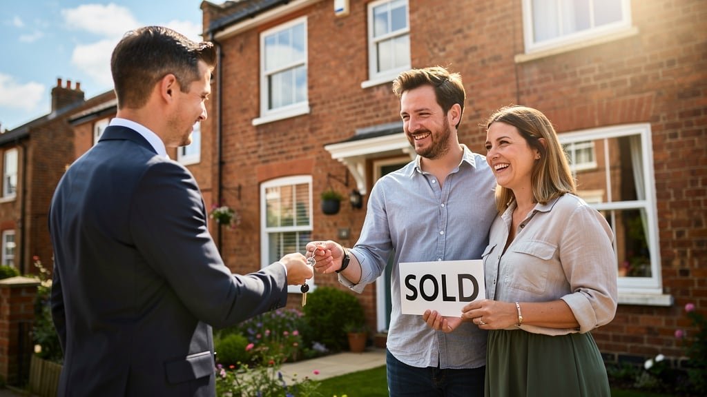 Happy property buyers collecting keys after a successful Cannock Surveyors building survey gave them peace of mind