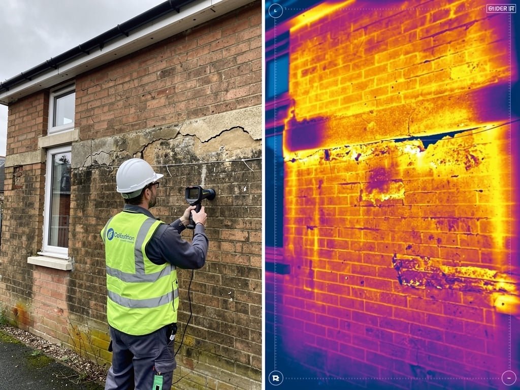 Surveyor using thermal imaging camera to detect hidden defects during a Level 3 building survey